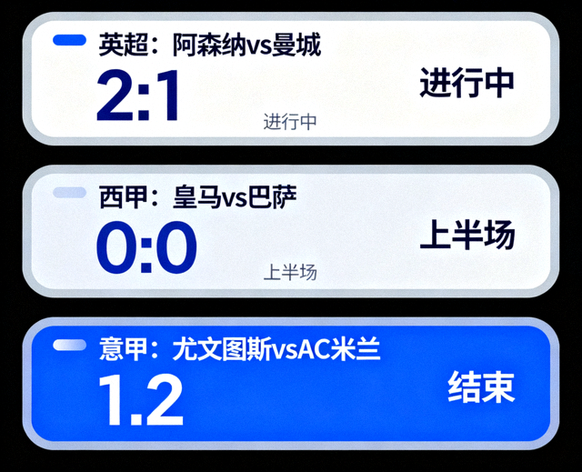 体育比分数据看板展示多场足球比赛的实时比分与比赛状态